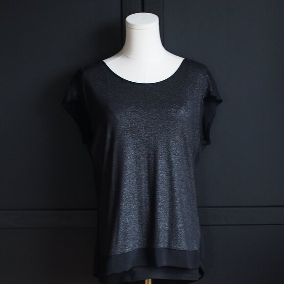Calvin Klein | Black w Silver Metallic Shimmer, Mixed Media Top - Picture 1 of 8